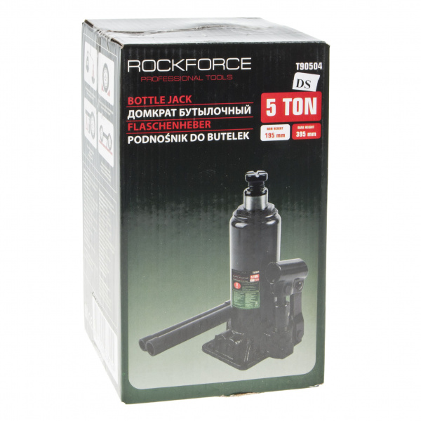 Домкрат гидравлический RF-T90504(DS) бутылочный с клапаном 5т (выс.подъема 195-395мм) ROCKFORCE /1/10