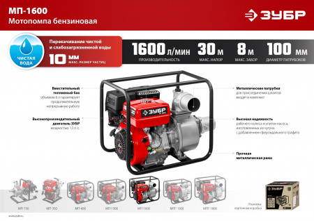 ЗУБР 1600 л/мин, мотопомпа бензиновая (МП-1600)