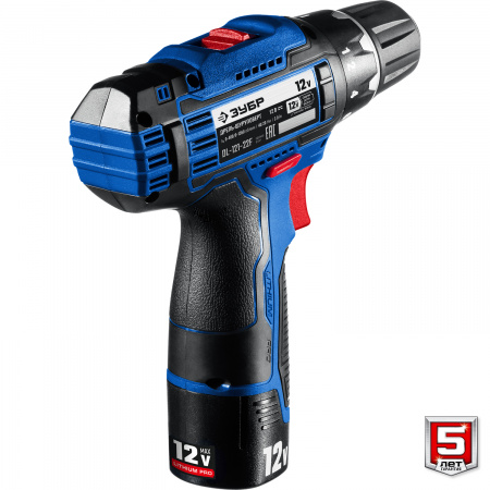 ЗУБР 12 В, 40 Н·м, 2 АКБ тип Т7 (2 А·ч), дрель-шуруповерт + LED фонарь, кейс, Профессионал (DL-121-22F)