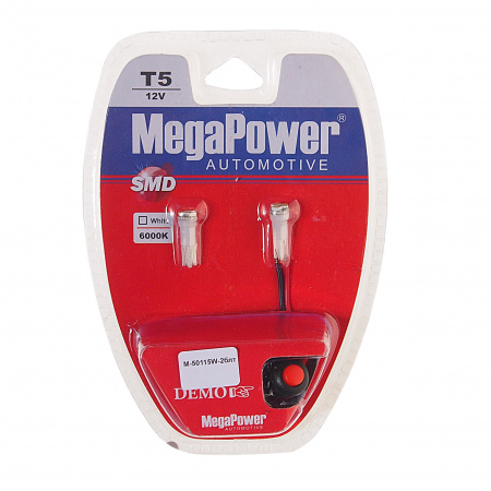 Автолампа T5 (W2*4.6d) 3 SMD 3020 WHITE блистер с тестером (2шт) 6000K 21лм   12V MEGAPOWER /1 /25