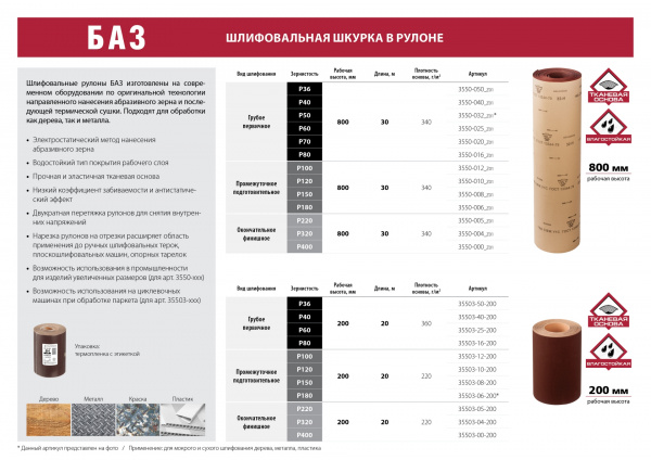 БАЗ 4-H (Р320), 800 мм, 30 м, водостойкий, шлифовальный рулон на тканевой основе (3550-004)