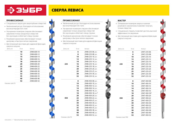 ЗУБР 52 x 600/400 мм, шестигранный хвостовик, cверло левиса по дереву (2948-600-52)