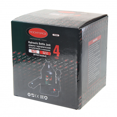 Домкрат гидравлический RF-TF0402 бутылочный с двумя штоками и клапаном 4т (выс.подъема 160-390мм) ROCKFORCE /1/4
