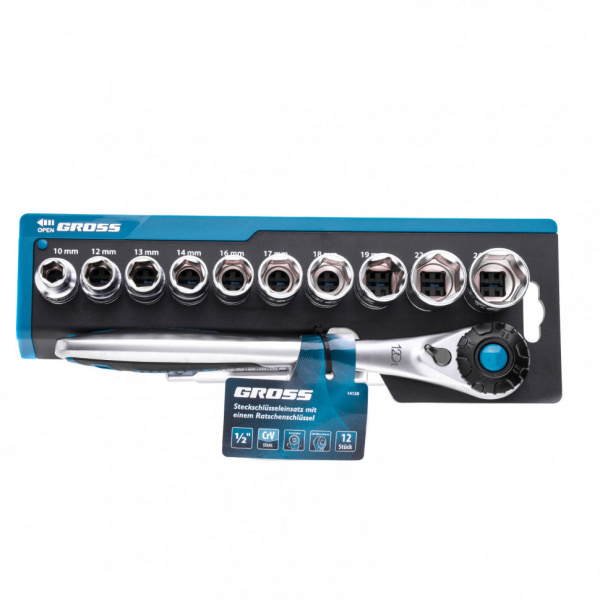 Набор торцевых головок, трещотка 120 зубьев, 1/2", CrV, 12 предметов Gross Набор торцевых головок, трещотка 120 зубьев, 1/2", CrV, 12 предметов Gross