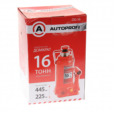Домкрат гидравлический DG-16 бутылочный 16т (высота подъёма 225 - 445 мм) AUTOPROFI 1/2