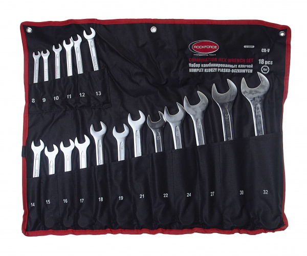 Набор ключей комбинированных RF-5186H: 18пр. 6гр.(8-19,21,22,24,27,30,32мм), на полотне ROCKFORCE /1