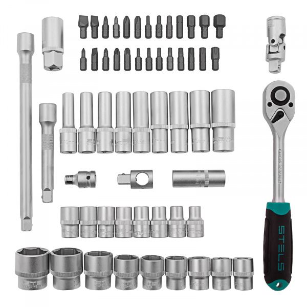 Набор инструментов, 1/2", CrV, пластиковый кейс 60 предметов Stels Набор инструментов, 1/2", CrV, пластиковый кейс 60 предметов Stels