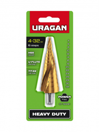 URAGAN 4-32мм, 15 ступеней, винтовая спираль, сверло ступенчатое (29658-4-32-15)