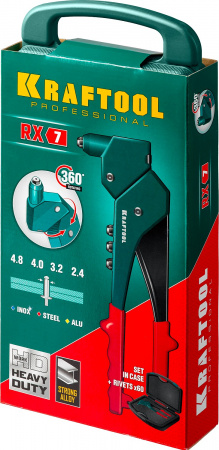 KRAFTOOL RX-7, 360°, 2.4 - 4.8 мм, литой поворотный заклепочник в кейсе (31176-H6)