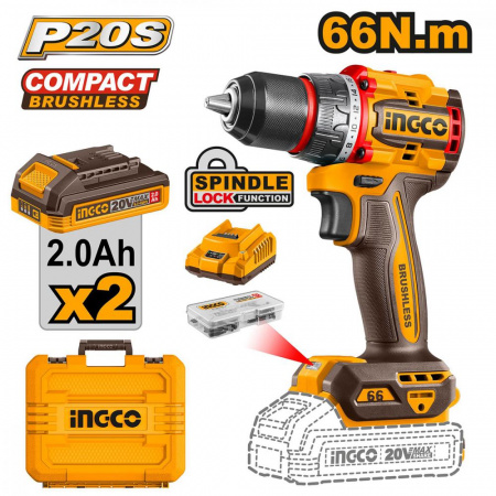 Шуруповерт INGCO CDLI20668 бесщеточный Li-ion 20.0В, 2Ач, 66 Нм, 2акб, кейс  INDUSTRIAL