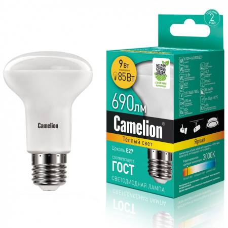 Лампа светодиодная E27 R63 9W тёплый свет CAMELION 1/10/100