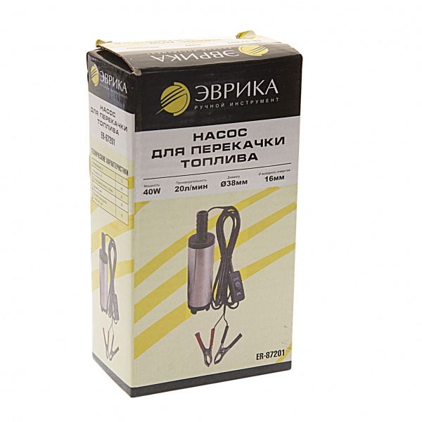 Насос для перекачки топлива ER-87201 (12V, 40W, 1.5A, 20л/мин, Ø38мм, Ø выходного отв. 16мм) ЭВРИКА /1/40