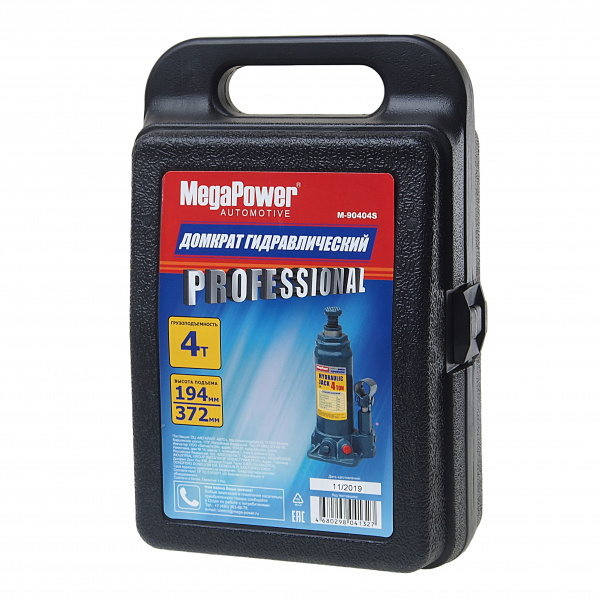 Домкрат гидравлический M-90404S бутылочный 4т (выс.подъема 194-372мм) с клапаном в кейсе MEGAPOWER /1/6