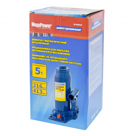 Домкрат гидравлический M-90504 бутылочный 5т (выс.подъема 216-413мм) с клапаном MEGAPOWER /1/4