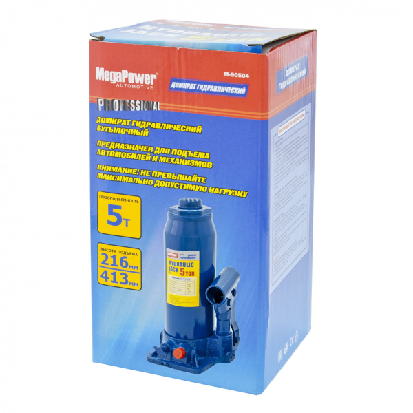 Домкрат гидравлический M-90504 бутылочный 5т (выс.подъема 216-413мм) с клапаном MEGAPOWER /1/4