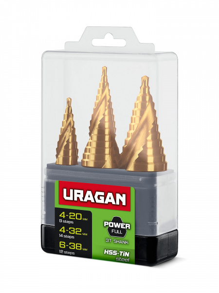 URAGAN 3 шт, 4-38мм, винтовая спираль, набор сверл ступенчатых (29658-4-38-H3)