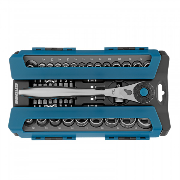 Набор торцевых головок, трещотка 120 зубьев, 1/2", 1/4", CrV, 41 предмет Gross Набор торцевых головок, трещотка 120 зубьев, 1/2", 1/4", CrV, 41 предмет Gross