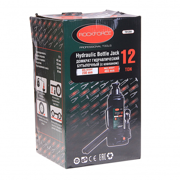 Домкрат гидравлический RF-T91204 бутылочный с клапаном 12т (выс.подъема 230-465мм) ROCKFORCE /1/4