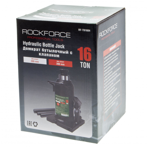 Домкрат гидравлический RF-T91604 бутылочный с клапаном 16т (выс.подъема 205-390мм) ROCKFORCE /1/2