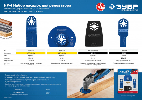 ЗУБР НР-4 UniLock, OIS-хвост., 4 предм., набор насадок для реноватора, Профессионал (15572)