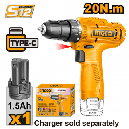 Шуруповерт INGCO CDLI12428 Li-ion 12.0 В, 1.5 Ач, 20 Нм,  Type-C, патрон 10мм