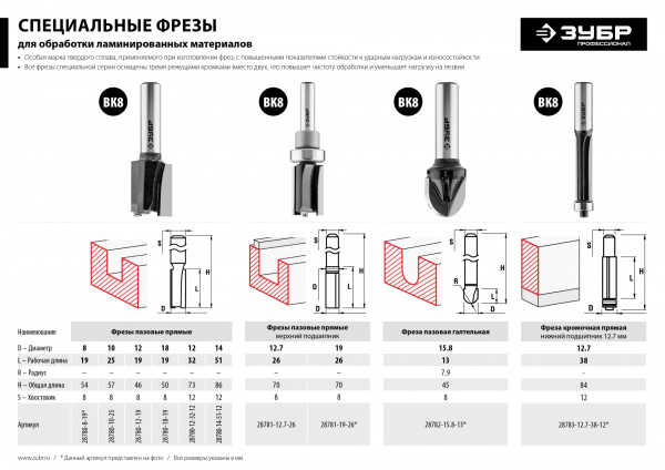 ЗУБР 14 x 51 мм, хвостовик 12 мм, фреза пазовая прямая, Профессионал (28780-14-51-12)