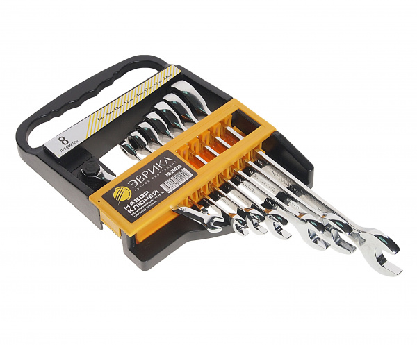 Набор ключей комбинированных ER-20622 трещоточных 8 предметов 6,8,10,12,14,17,19,22мм (на держателе) ЭВРИКА 5/20 Набор ключей комбинированных ER-20622 трещоточных 8 предметов 6,8,10,12,14,17,19,22мм (на держателе) ЭВРИКА 5/20