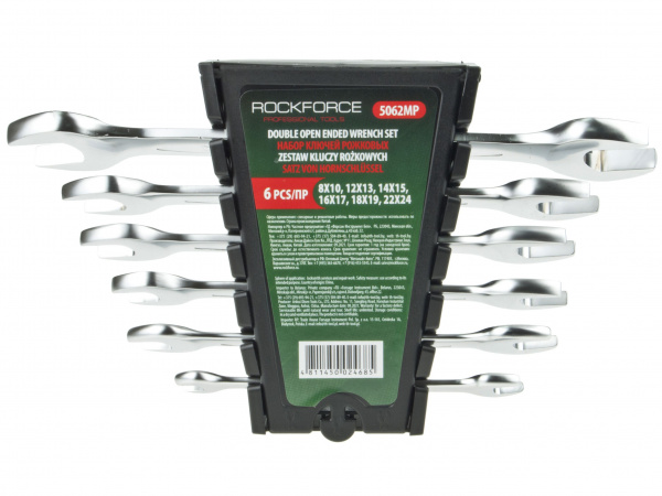 Набор ключей рожковых RF-5062MP: 6пр. (8х10,12х13,14х15,16х17,18х19,22х24мм), на пластиковом держателе ROCKFORCE /1/25 Набор ключей рожковых RF-5062MP: 6пр. (8х10,12х13,14х15,16х17,18х19,22х24мм), на пластиковом держателе ROCKFORCE /1/25