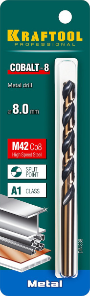 KRAFTOOL COBALT-8, 8.0 х 117 мм, сталь М42, HSS-Co(8%), сверло по металлу (29656-8)