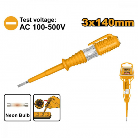Отвертка индикаторная INGCO HSDT1408, АС 100-500В, Прямой шлиц: 3х140мм