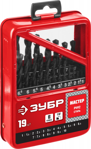 ЗУБР 19 шт, (1-10 мм), сталь Р4М2, класс В, мет.бокс, набор сверл по металлу (29605-H19)