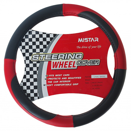 Оплетка руля MIS-LT34C (M) BLACK/RED кожа MISTAR /1/25