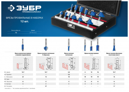 ЗУБР 12 шт, набор профильных фрез по дереву, Профессионал (28796-H12)