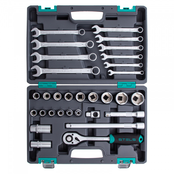 Набор инструментов, 1/2", CrV, пластиковый кейс 31 предмет Stels Набор инструментов, 1/2", CrV, пластиковый кейс 31 предмет Stels