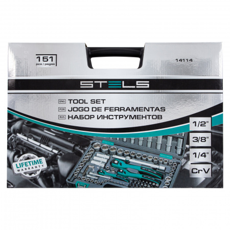Набор инструментов, 1/4", 3/8", 1/2", Cr-V, S2, усиленный кейс, 151 предмет Stels Набор инструментов, 1/4", 3/8", 1/2", Cr-V, S2, усиленный кейс, 151 предмет Stels
