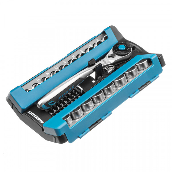 Набор торцевых головок, трещотка 120 зубьев, 1/2", CrV, 36 предметов Gross Набор торцевых головок, трещотка 120 зубьев, 1/2", CrV, 36 предметов Gross