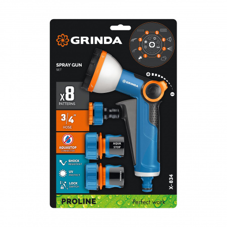 GRINDA Х-834, пистолет поливочный X-8, коннектор 3/4, конектор 3/4 с автостопом, адаптер с внутр. резьбой 1/2 х 3/4,набор поливочный PROLine (429167)