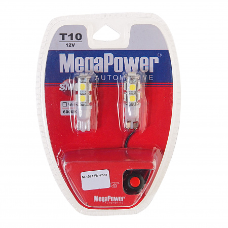 Автолампа T10W (W2,1x9,5d) 9 SMD 5050 WHITE блистер с тестером (2 шт) 6000K 180лм   12V MEGAPOWER /1 /25