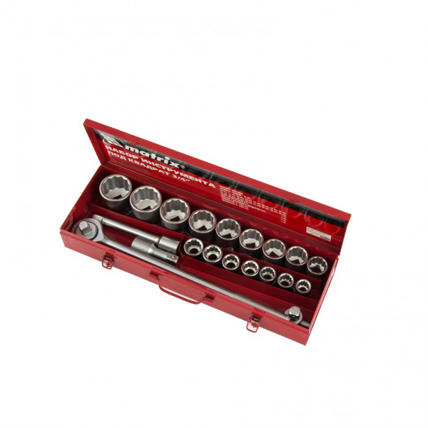 Набор торцевых головок 3/4", головки 19 х 50 мм, 20 предметов, в метал. боксе Matrix Набор торцевых головок 3/4", головки 19 х 50 мм, 20 предметов, в метал. боксе Matrix