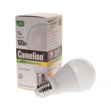Лампа светодиодная E27 A60 13W тёплый свет CAMELION 1/10/100