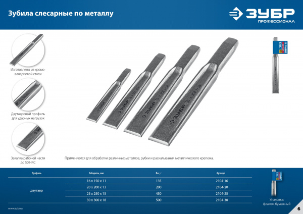ЗУБР Двутавр, 25 х 250 мм, усиленное двутавровое слесарное зубило по металлу, Профессионал (2104-25)