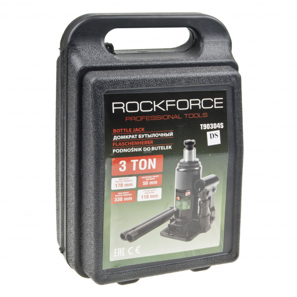 Домкрат гидравлический RF-T90304S(DS бутылочный с клапаном 3т (выс.подъема 170-330мм) в кейсе ROCKFORCE /1/10