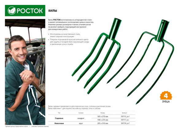 РОСТОК 185 х 270 мм, с квадратными зубьями, углеродистая сталь, без черенка, вилы (39715)