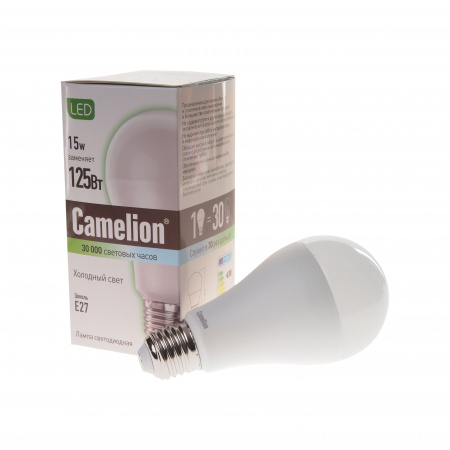 Лампа светодиодная E27 A60 15W холодный свет CAMELION 1/10/100
