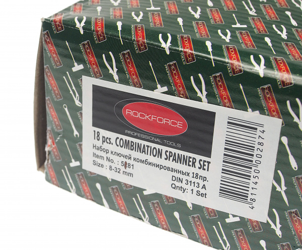 Набор ключей комбинированных RF-5181: 18пр., (8-19, 21, 22, 24, 27, 30, 32мм) на полотне (нов.арт. RF-5281) ROCKFORCE /1/6 Набор ключей комбинированных RF-5181: 18пр., (8-19, 21, 22, 24, 27, 30, 32мм) на полотне (нов.арт. RF-5281) ROCKFORCE /1/6