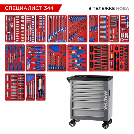 Набор инструментов 344 предмета, "СПЕЦИАЛИСТ 344", в серой тележке МАСТАК 50-07344G Набор инструментов 344 предмета, "СПЕЦИАЛИСТ 344", в серой тележке МАСТАК 50-07344G