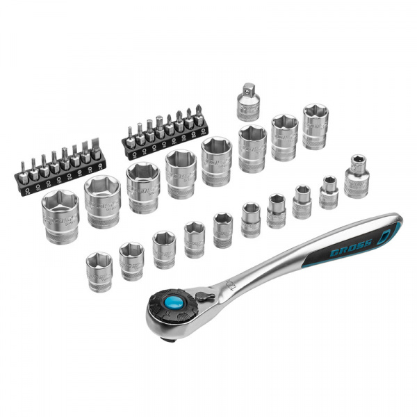 Набор торцевых головок, трещотка 120 зубьев, 1/2",3/8”, CrV, 36 предметов Gross Набор торцевых головок, трещотка 120 зубьев, 1/2",3/8”, CrV, 36 предметов Gross