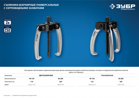 ЗУБР d 40 - 150 мм, шарнирный трехзахватный съемник с серповидными захватами, Профессионал (43323-110)