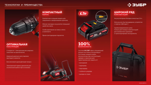 ЗУБР 20 В, 40 Н·м, 1 АКБ LMS (2 А·ч), ударная дрель-шуруповерт (ДШУ-40-21)