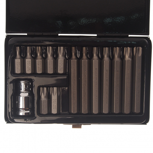 Набор бит RF-4156TH TORX с отверстием и битодержателем,15пр. 1/2"(L: 30/75мм; Т20,Т25,Т30,Т40,Т45,Т50,Т55), в металлическом кейсе ROCKFORCE /1